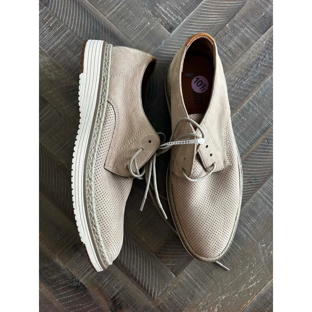 Johnston & Murphy TRUFOAM Perforated Leather Derby Shoes Beige Mens 10.5 NEW